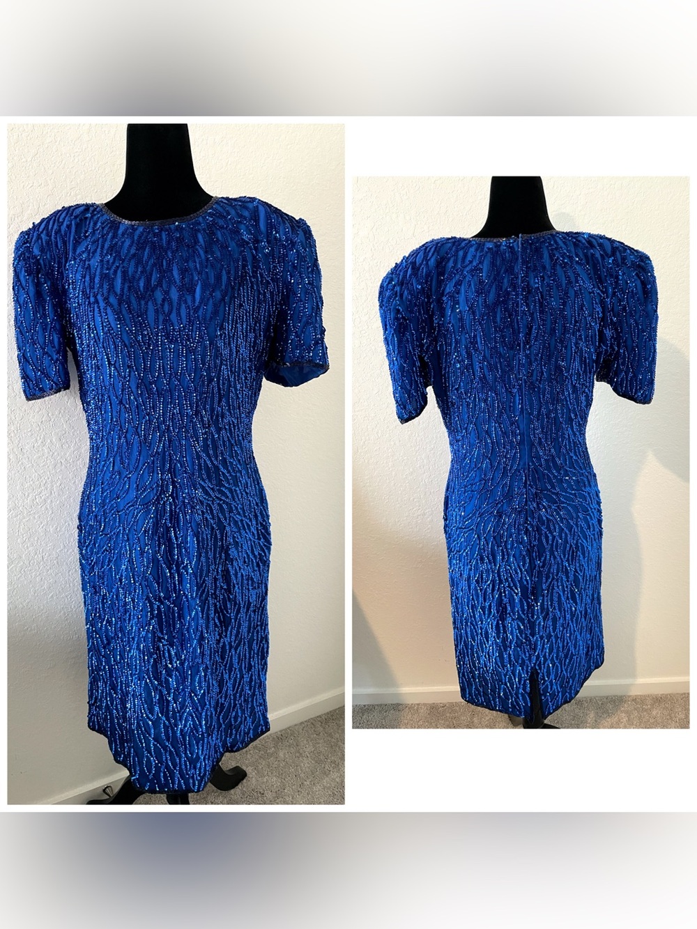 Blue 100% Silk Sequin Beaded Chiffon Lined Sheath Dress Zip Size M